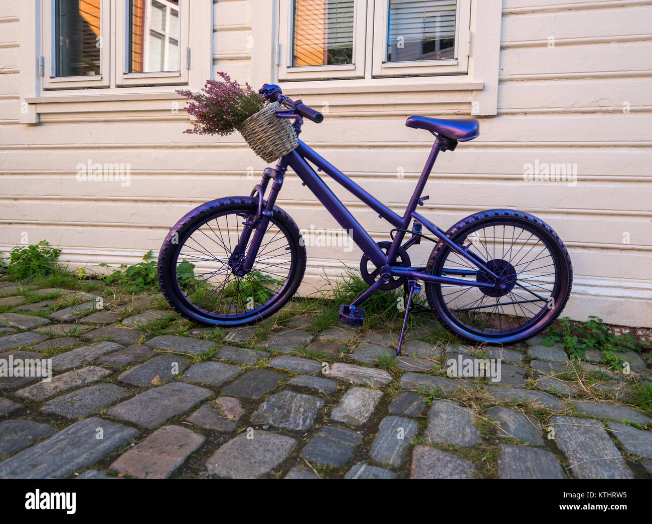 Purple bike in street in Bergen Norway Stock Photo