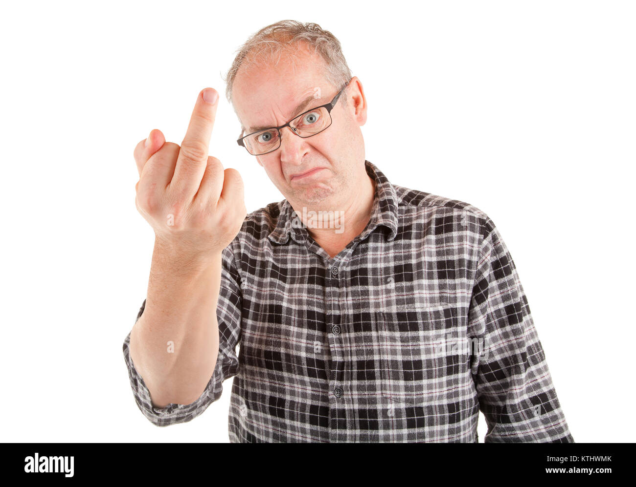 Man displeased about something is showing the middle finger. Stock Photo