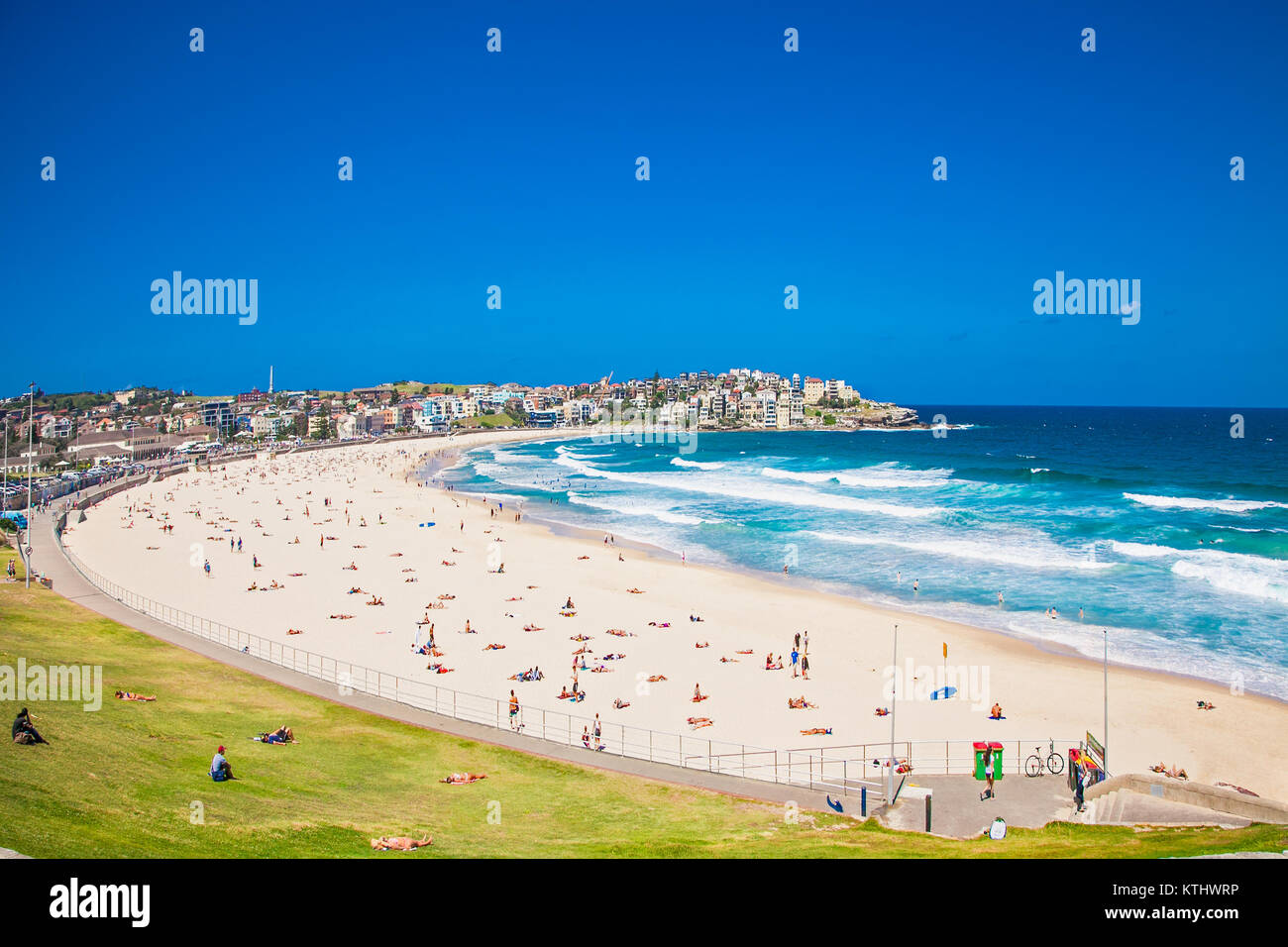 People relaxing on the Bondi beach in Sydney, Australia. Bondi beach is ...