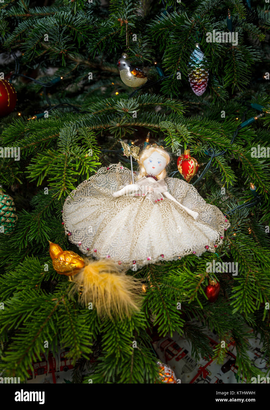 Traditional Christmas tree fairy made by Tobias & the Angel with dress made  from vintage lace, England, UK Stock Photo - Alamy