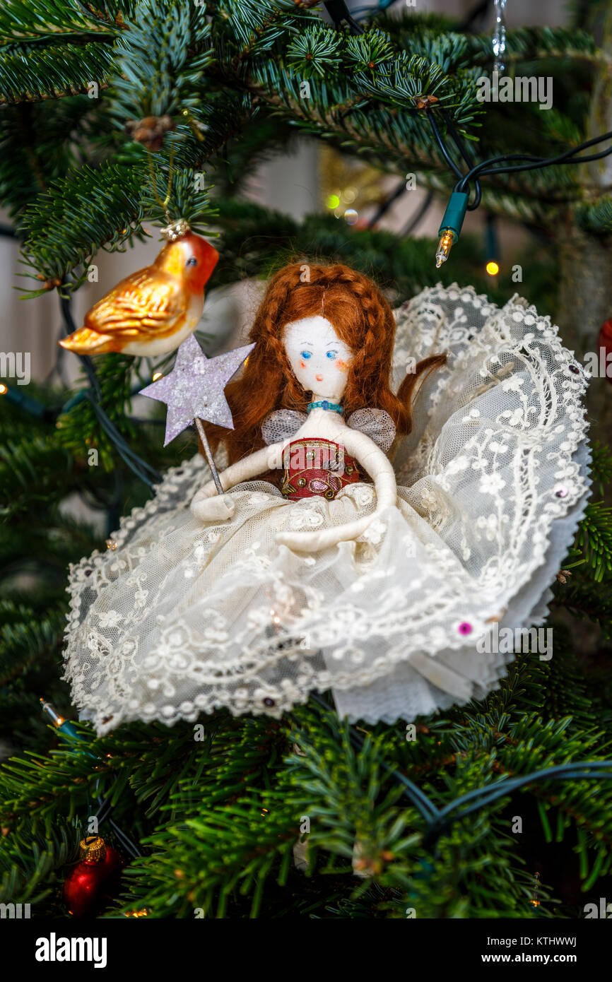 Traditional Christmas tree fairy made by Tobias & the Angel with dress made  from vintage lace, England, UK Stock Photo - Alamy