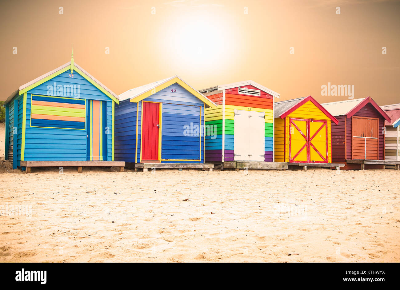 Beautiful Bathing houses on white sandy beach at Brighton beach in Melbourne, Australia. Stock Photo