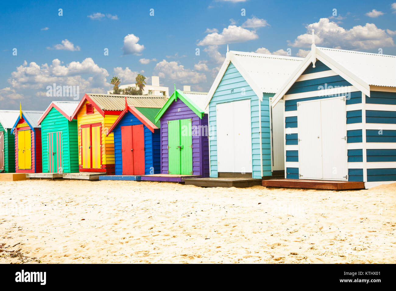 Beautiful Bathing Houses On White Sandy Beach At Brighton In Stock