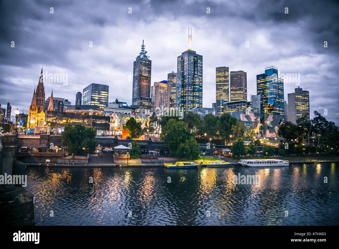 Melbourne city and the Yarra river at night, Australia. Stock Photo