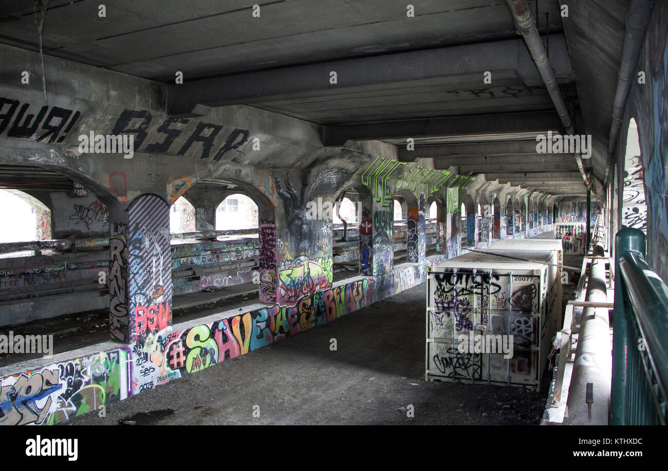 Exterior daytime stock photo of graffiti on walls of abandoned subway system in Rochester, New York in Monroe County in Western New York Stock Photo