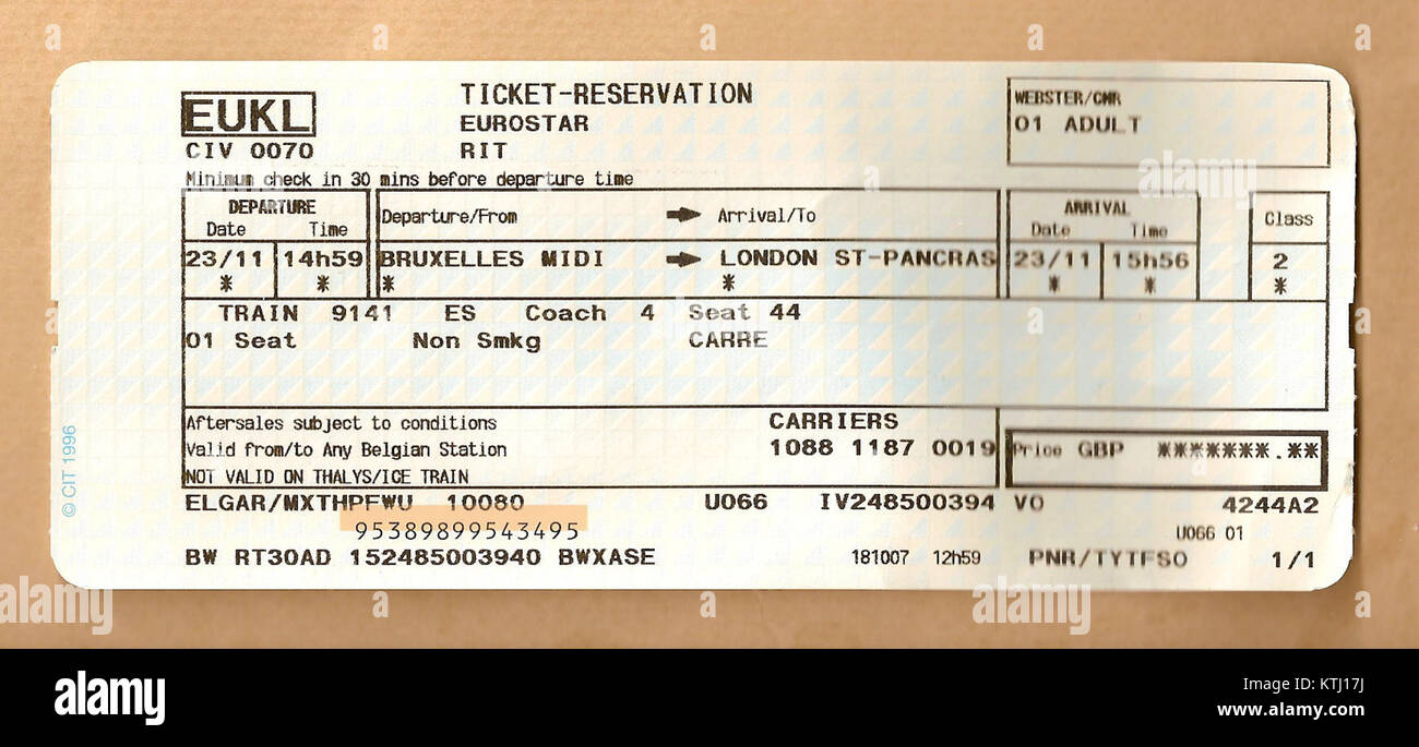 The Eurostar ticket represents travel between the UK and mainland Europe via high-speed train. Eurostar is known for its efficiency and service across countries like France, Belgium, and the UK. Stock Photo