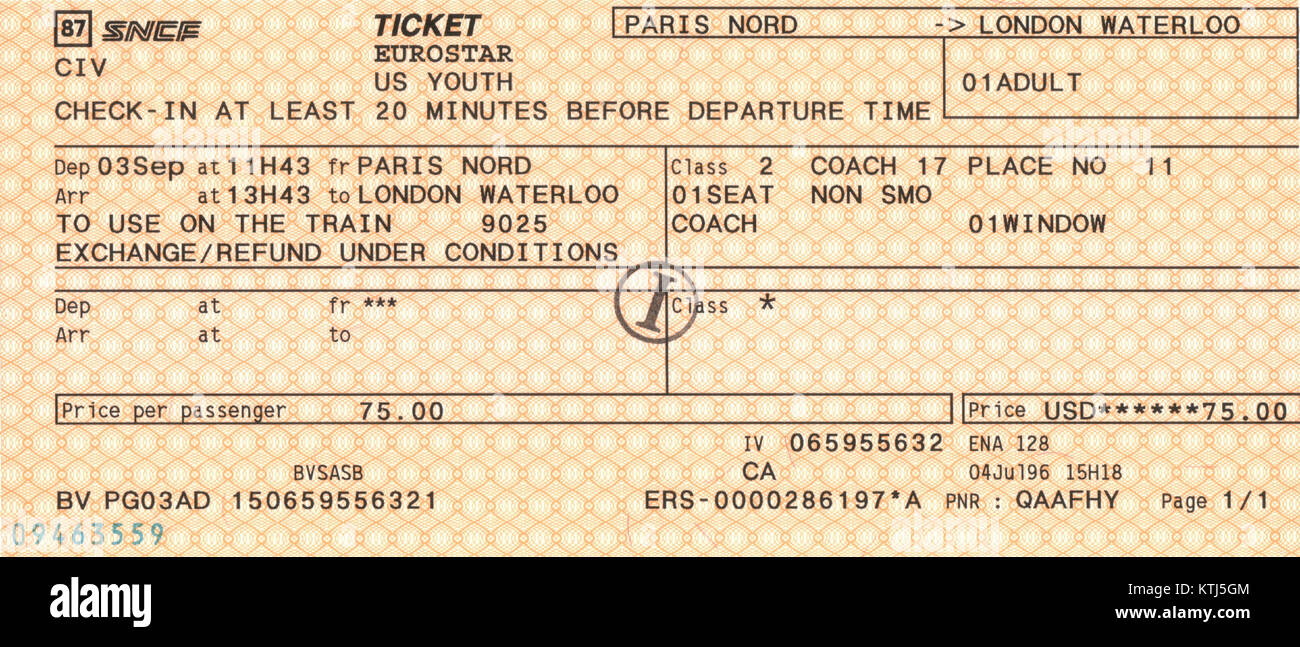 Eurostar ticket from Paris to London Stock Photo - Alamy