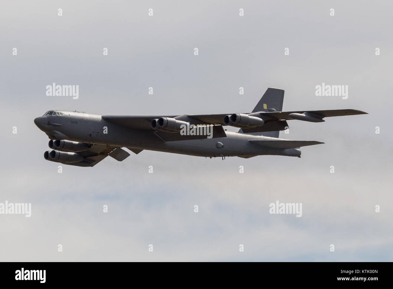 The B-52 Stratofortress takes off from Tinker Air Force Base. This long-range strategic bomber plays a crucial role in U.S. defense and military operations. Stock Photo