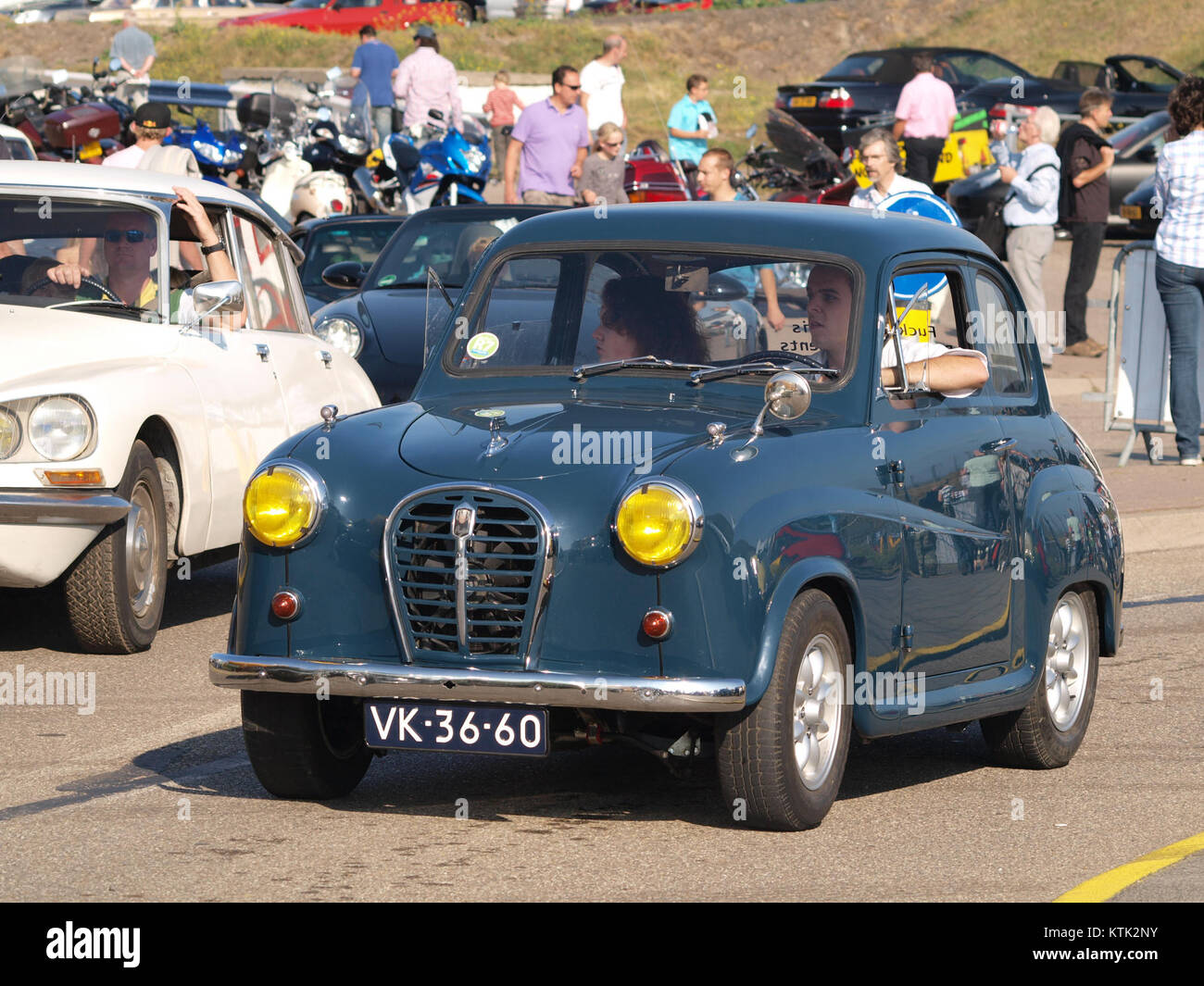 The Austin A35, a classic British car, is seen here with Dutch license registration VK 36 60. The car is a representation of mid-20th-century automotive design and history, often sought after by collectors. Stock Photo