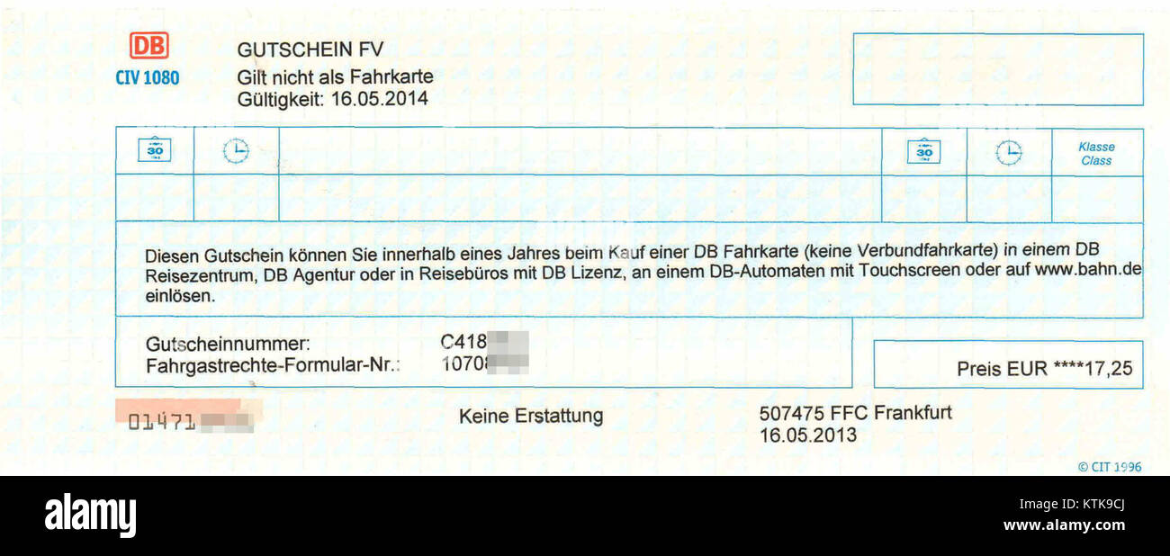 Deutsche Bahn Gutschein aus Fahrgastrechte 2013 Stock Photo - Alamy