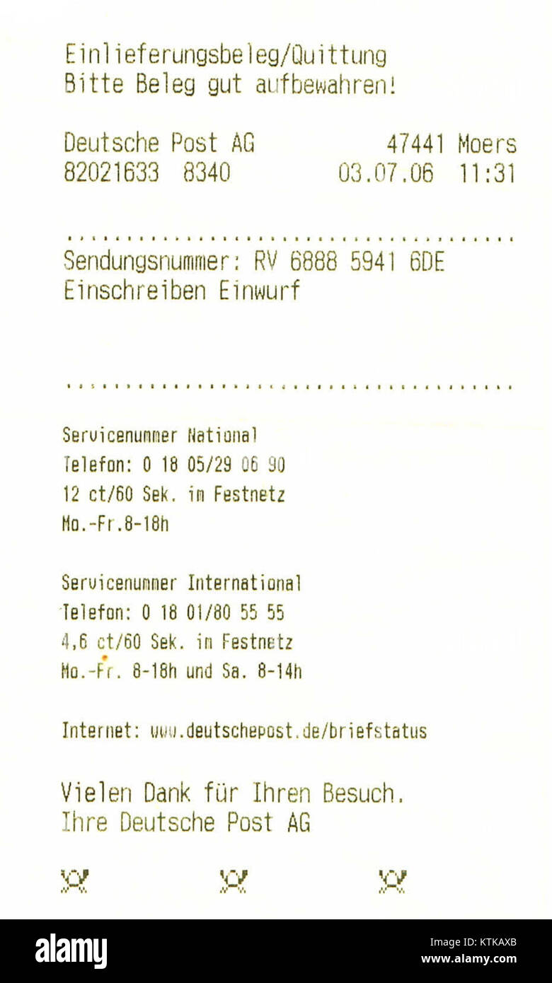 Deutsche Post Einlieferungsbeleg Einwurf Einschreiben 2006 Stock Photo -  Alamy