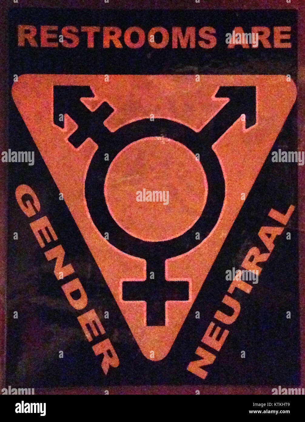 A bathroom sign indicating a gender-neutral restroom, designed to be inclusive and accommodating to all individuals, regardless of gender identity. Stock Photo