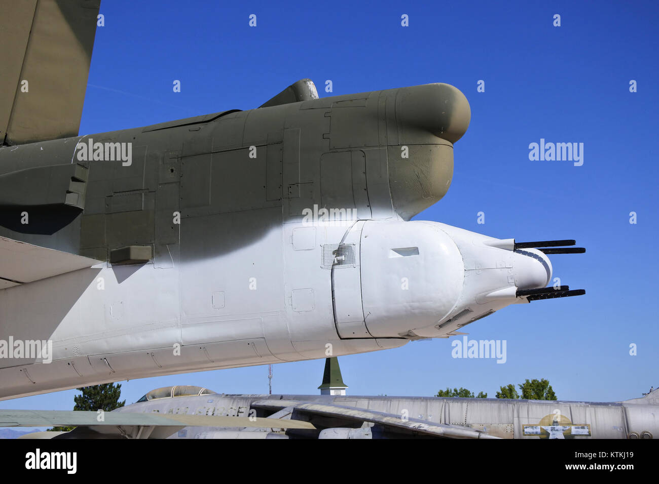 The B-52G Stratofortress, a long-range strategic bomber, is a significant part of the U.S. Air Force fleet. The B-52G variant is recognized for its distinctive tail and advanced avionics. It served in multiple military operations and remains a symbol of U.S. military airpower. Stock Photo