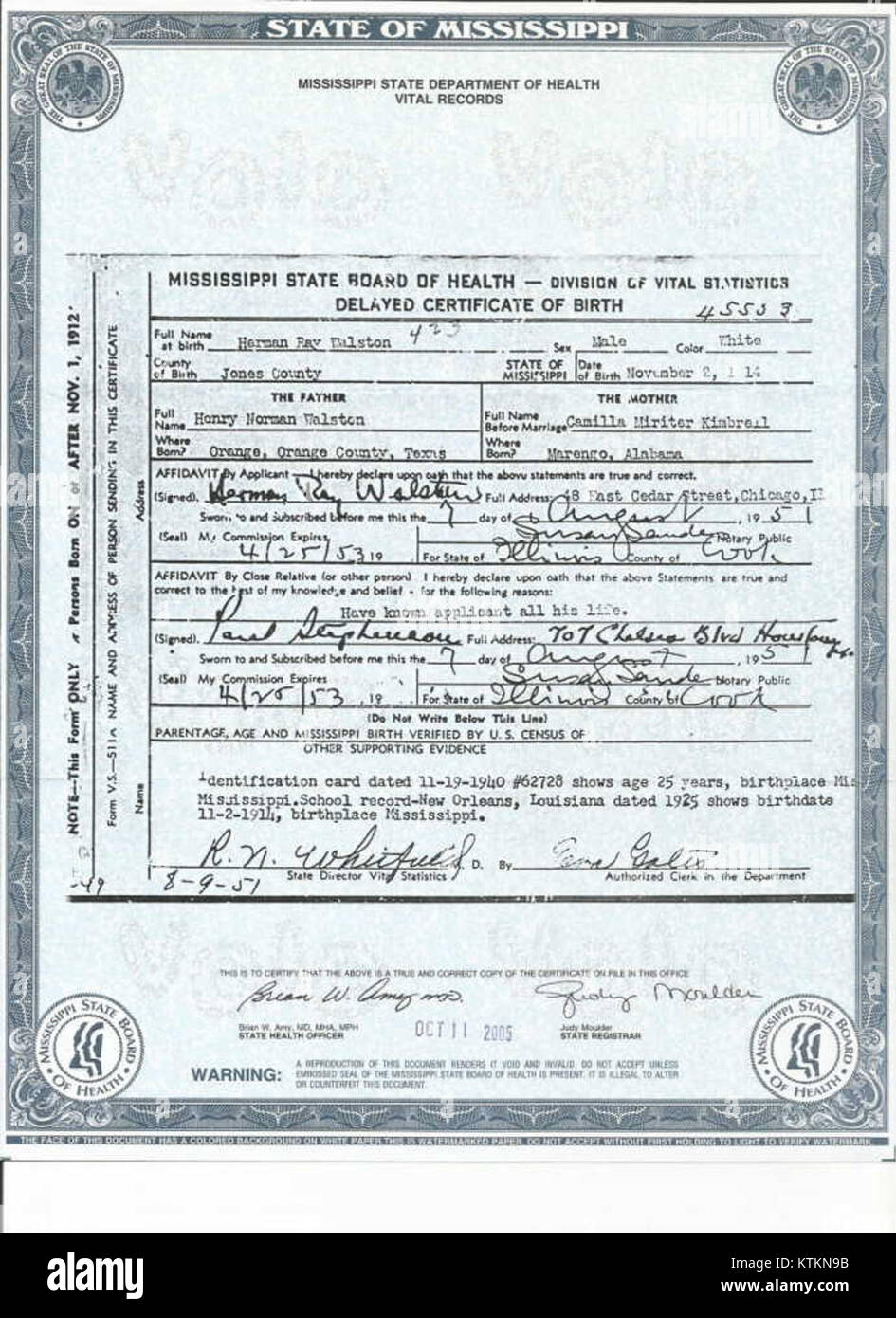 Herman Raymond Walston birth certificate Stock Photo