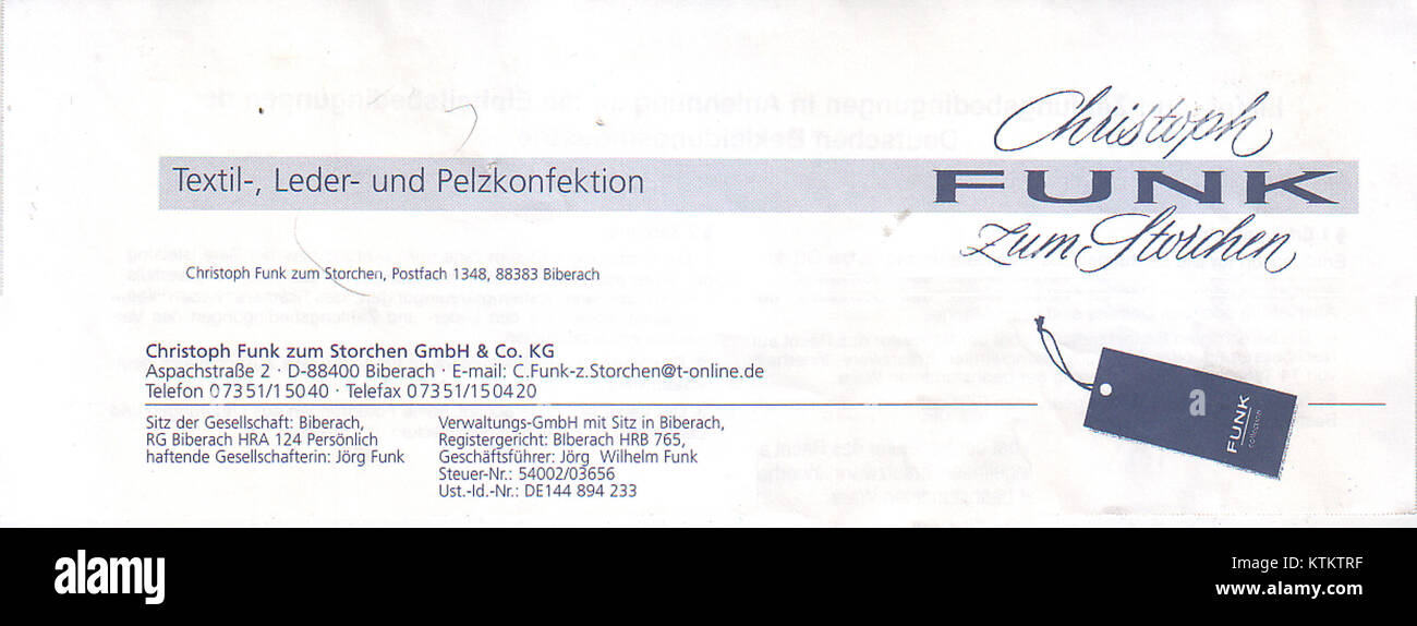 Christoph Funk zum Storchen, Textil , Leder  und Pelzkonfektion, Biberach (Briefkopf 2009) Stock Photo