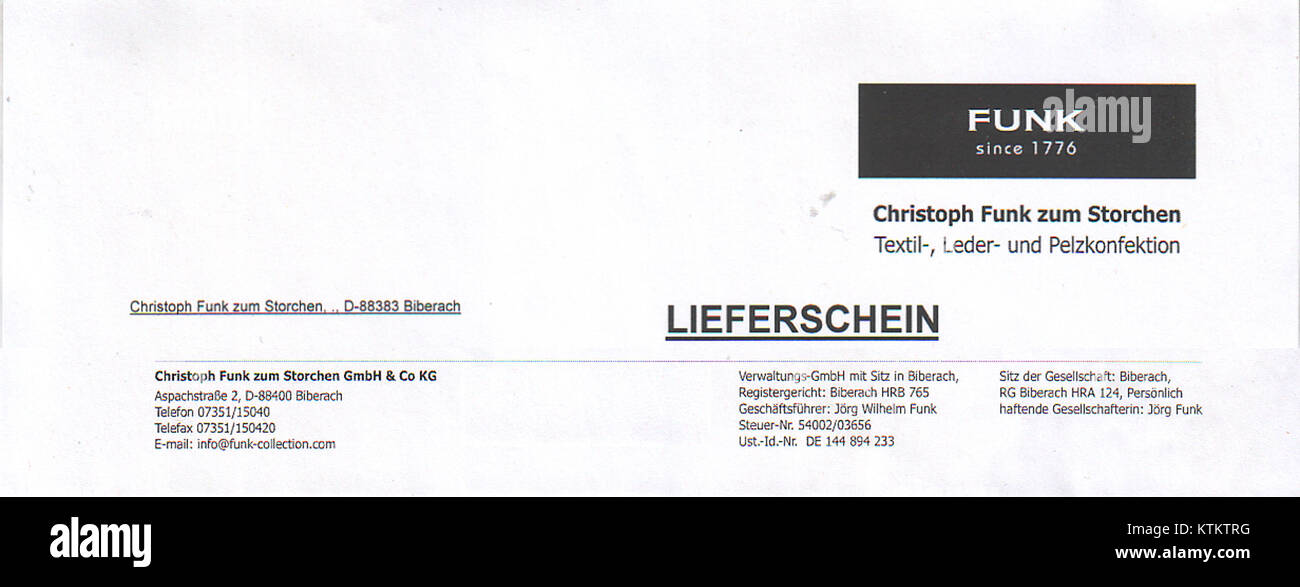 Christoph Funk zum Storchen, Textil , Leder  und Pelzkonfektion, Biberach (Briefkopf 2010) Stock Photo
