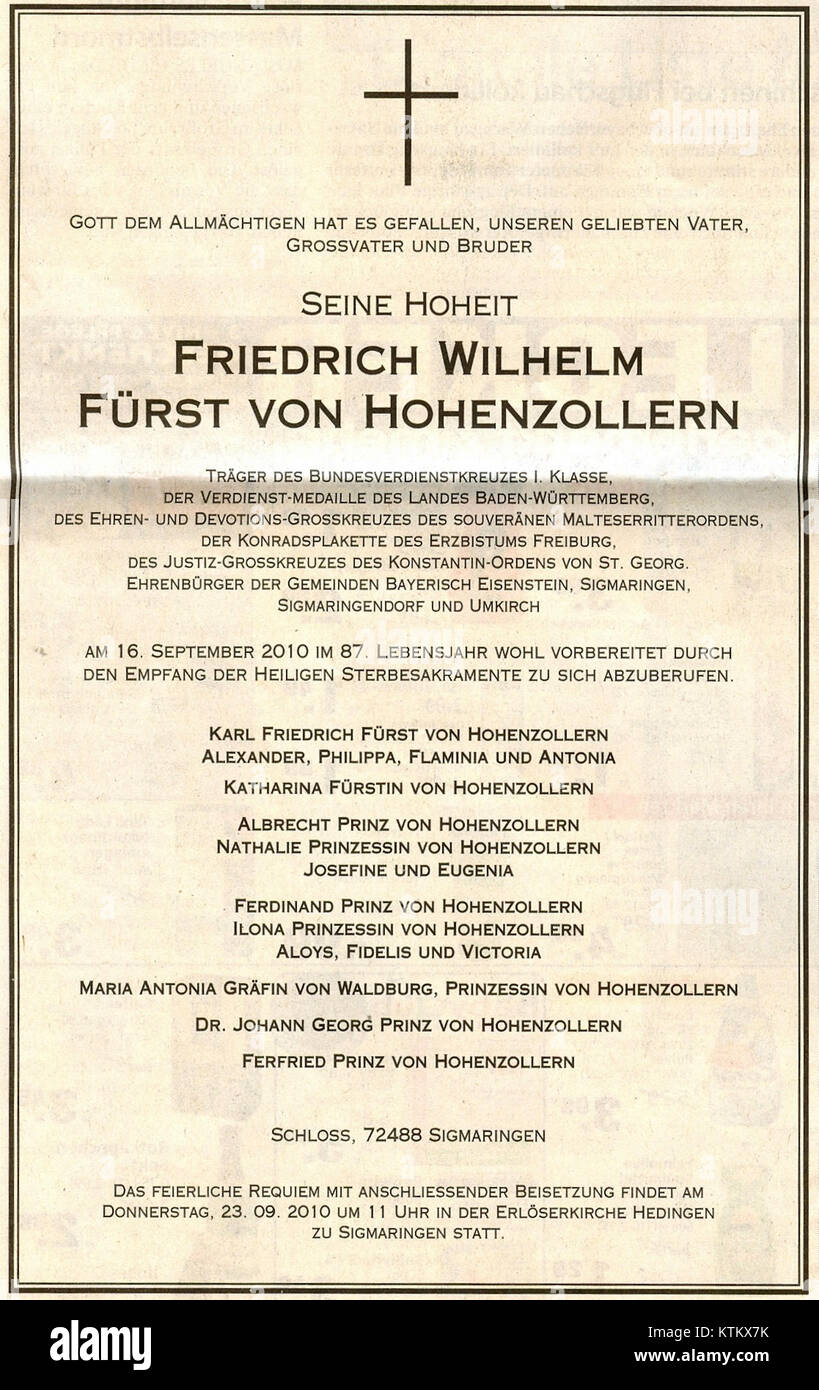 Friedrich Wilhelm von Hohenzollern (Todesanzeige) d Stock Photo - Alamy