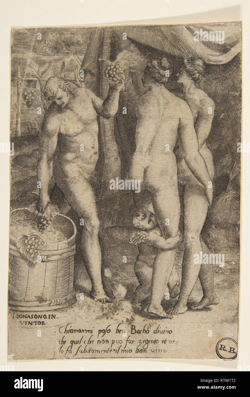 The artwork 'The Loves of the Gods' features Bacchus on the left, offering grapes to women, a scene depicting mythological figures in Roman culture. Stock Photo