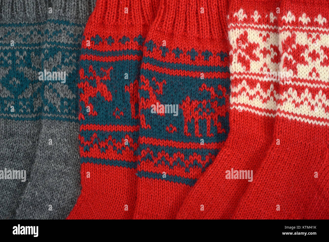 three pairs of traditional woolen socks, closeup Stock Photo Alamy