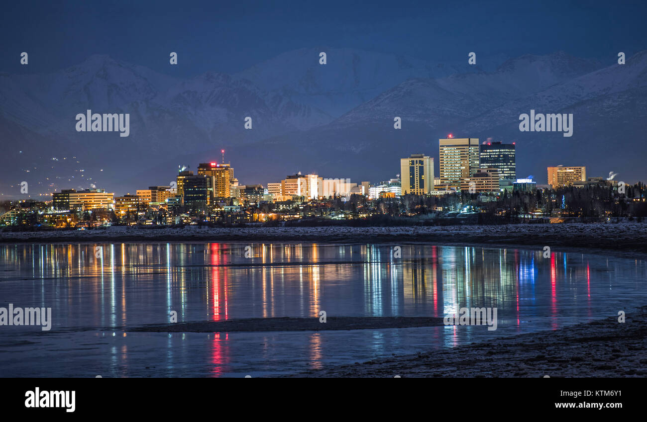 Anchorage skyline with Cook Inlet reflection Stock Photo