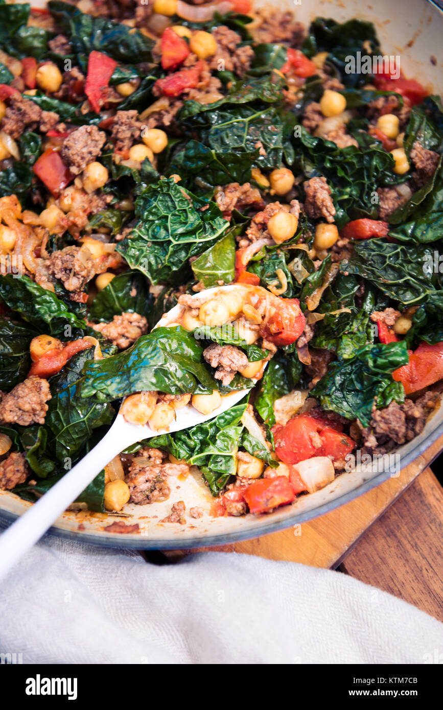 Kale Sauteed with Ground Beef and Garbanzo Beans Stock Photo Alamy