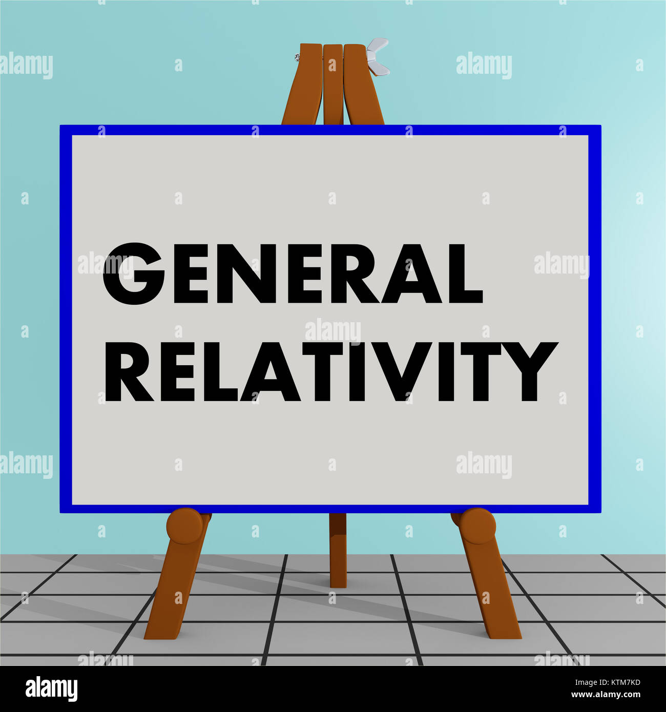 3D illustration of GENERAL RELATIVITY title on a tripod display board