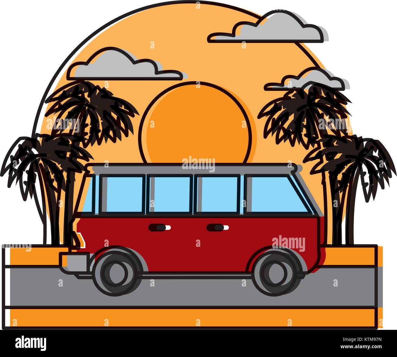 Vintage van vehicle on sunset landscape icon vector illustration Stock ...