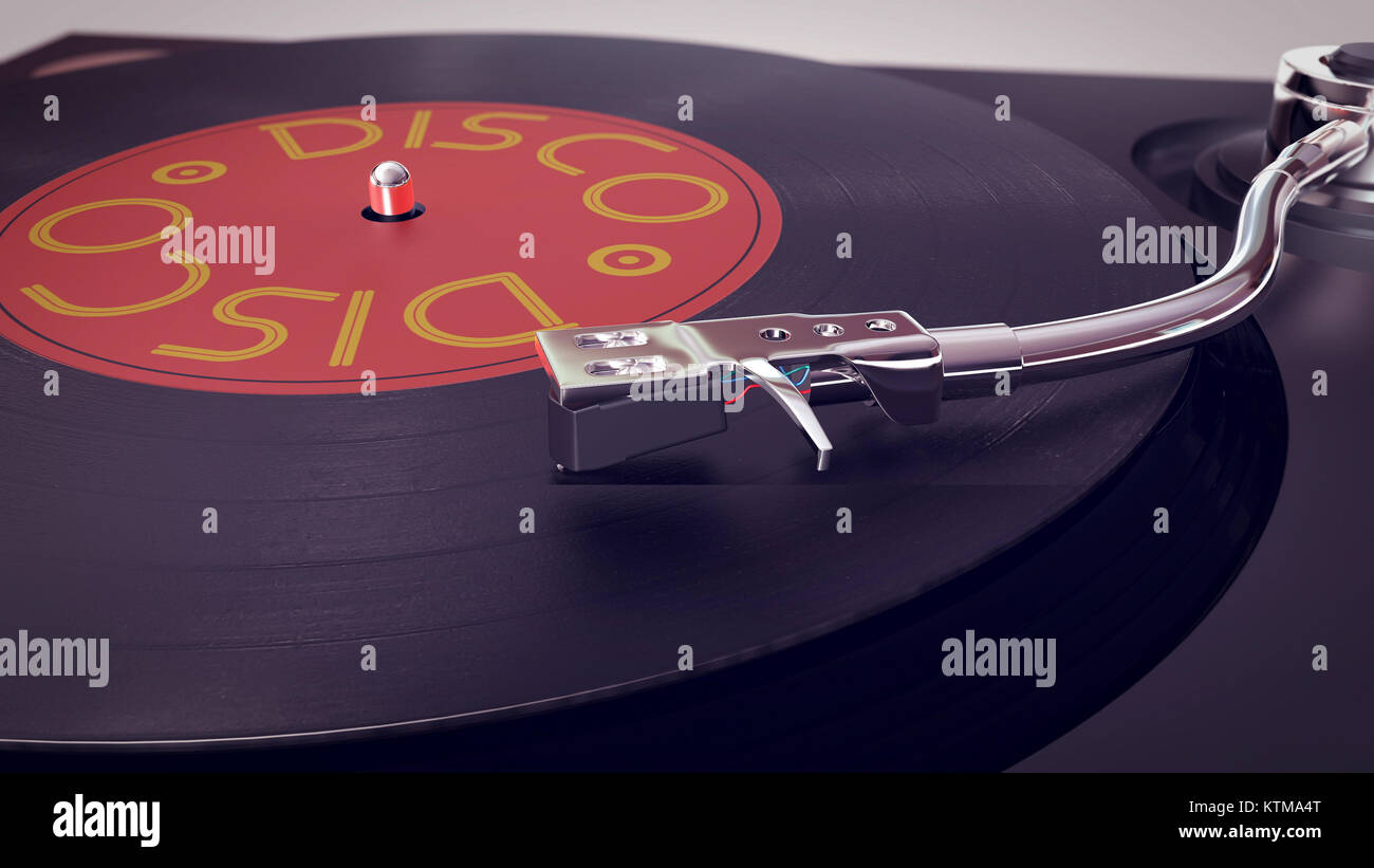 A vintage 3d illustration of a vinyl disc gramophone placed on a white ...
