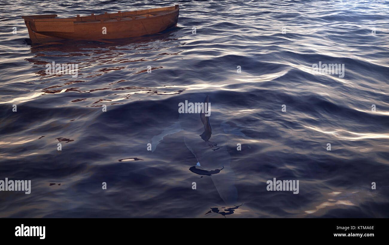 A stunning 3d illustration of a wooden boat without oars and people in