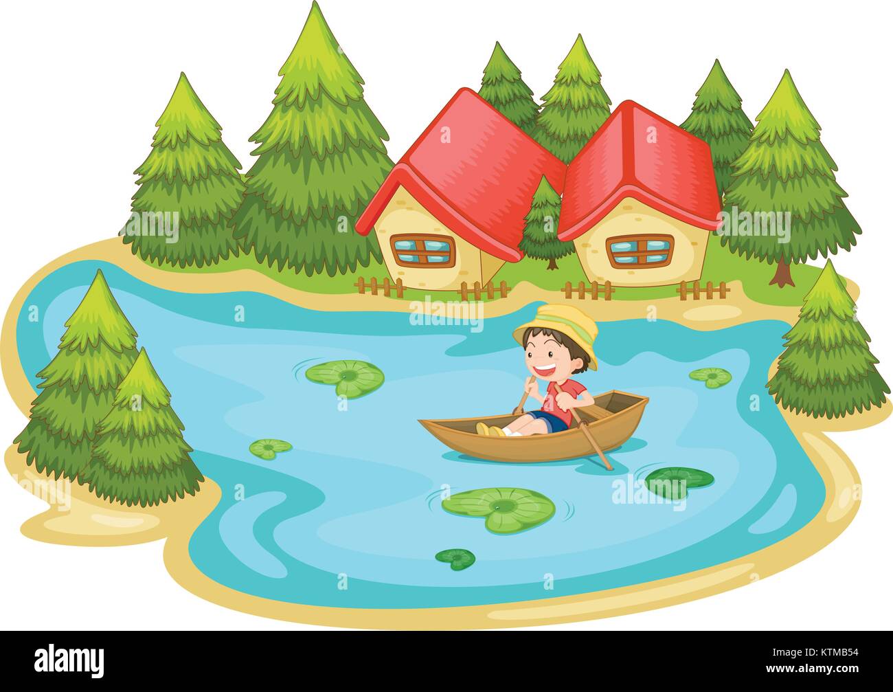 Illustration of a man in a boat at vacation house Stock Vector