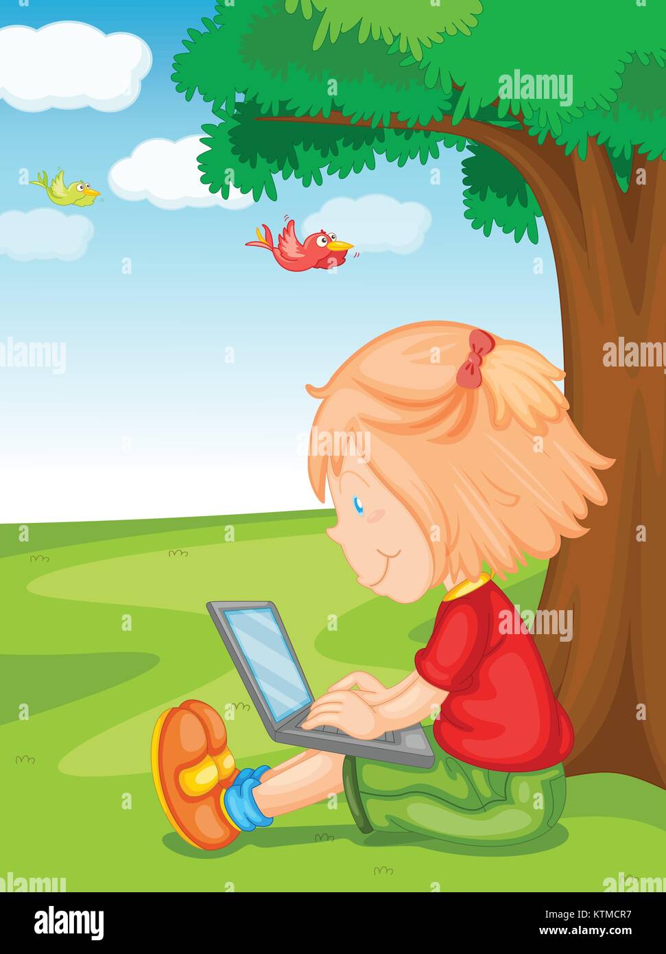 illustration of a girl and laptop under the tree Stock Vector