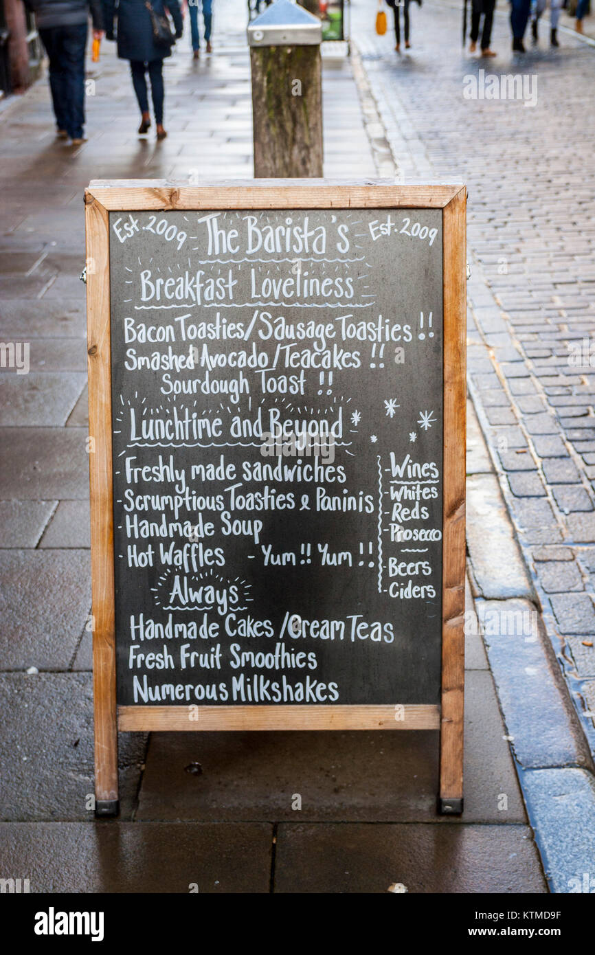 Street blackboard breakfast sign outside a cafe / coffeeshop on the highstreet, Chester, UK Stock Photo