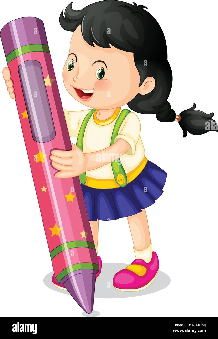 illustration of a girl holding pencil on a white Stock Vector Image
