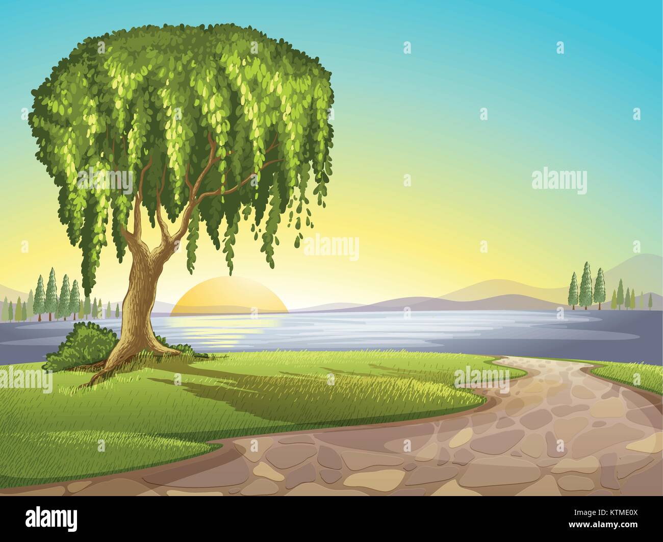 illustration of a green landscape and lake Stock Vector Image & Art - Alamy