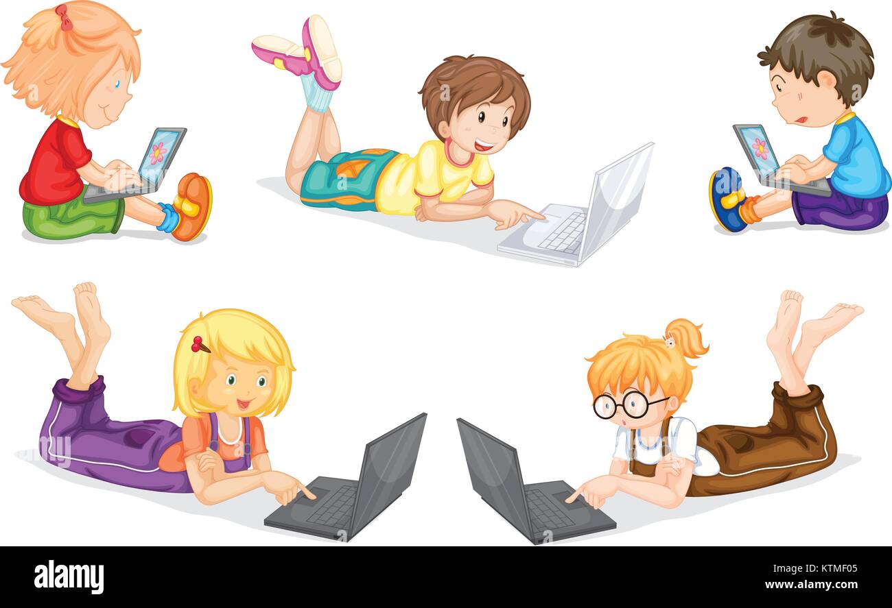 illustration of kids with laptop Stock Vector