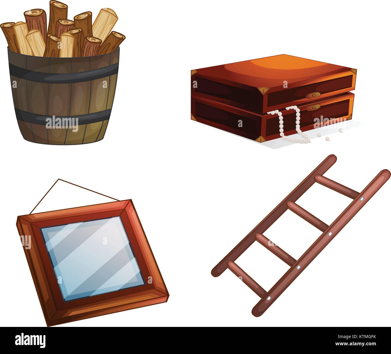 illustration of various wooden objects on a white Stock Vector