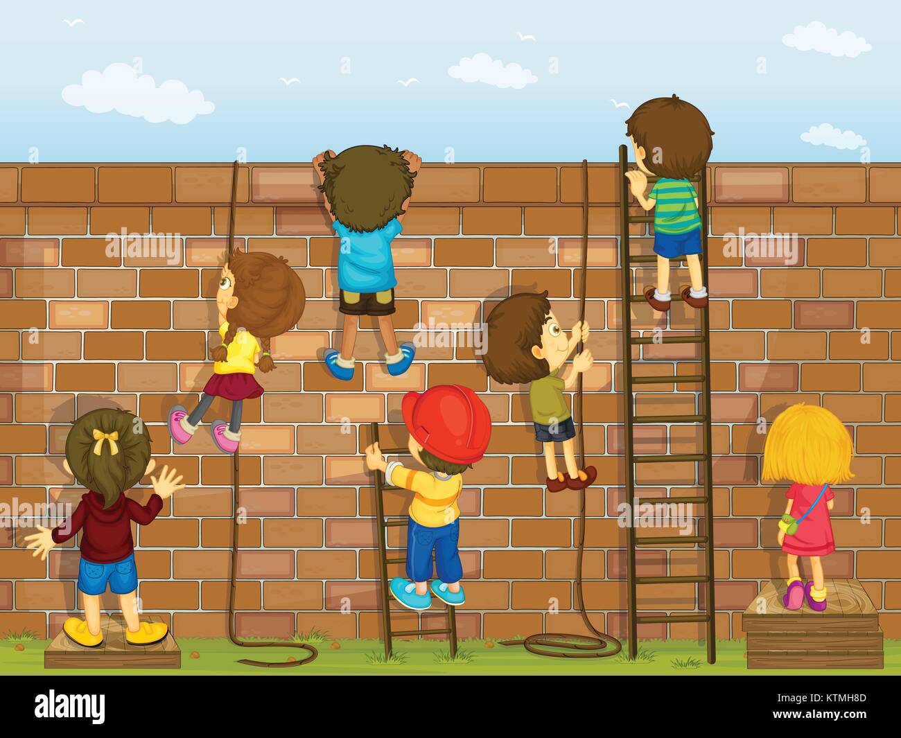 illustration of kids climbing on a brick wall Stock Vector