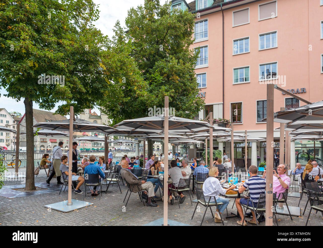 Cafe on Weinplatz by the River Limmet, Zurich, Switzerland Stock Photo
