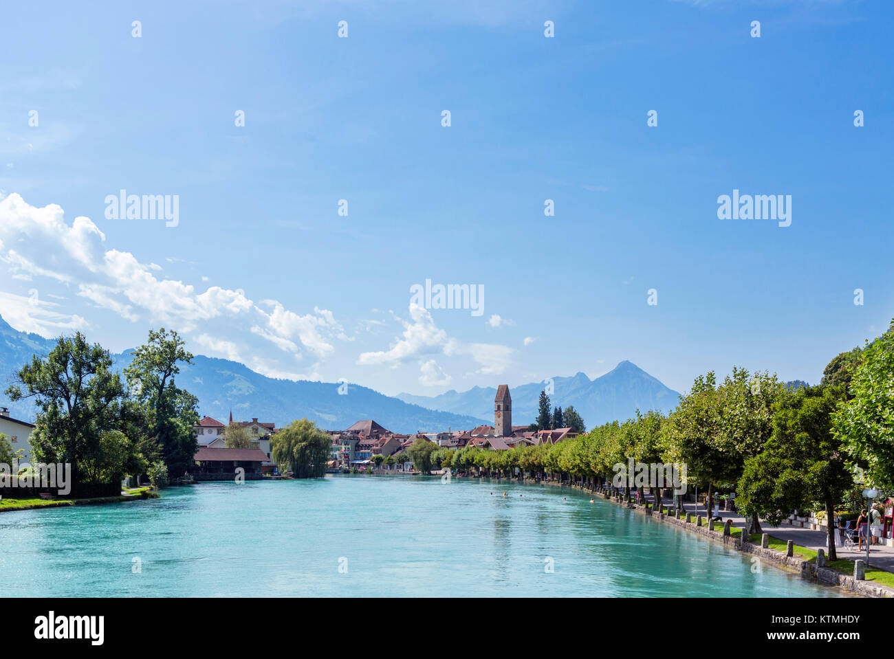 The River Aare looking towards the old town of Unterseen, Interlaken, Switzerland Stock Photo
