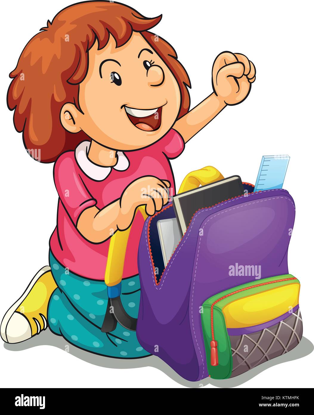 illustration of a girl with school bag on a white background Stock