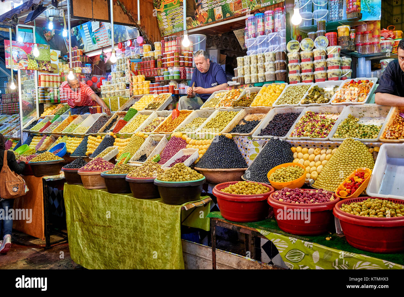 olives on food market of Meknes, Morocco, Africa Stock Photo