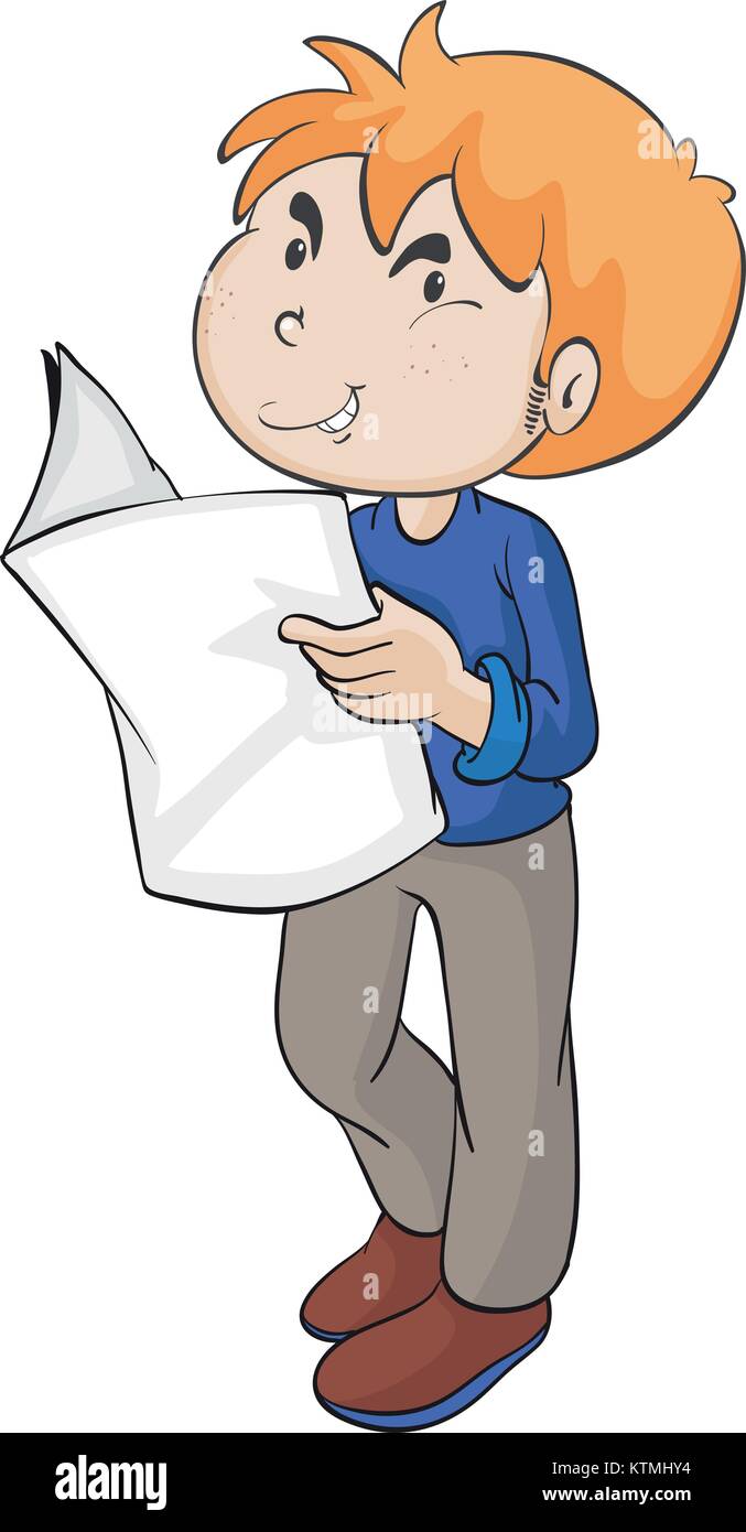 illustration of a boy reading news paper on a white background Stock ...