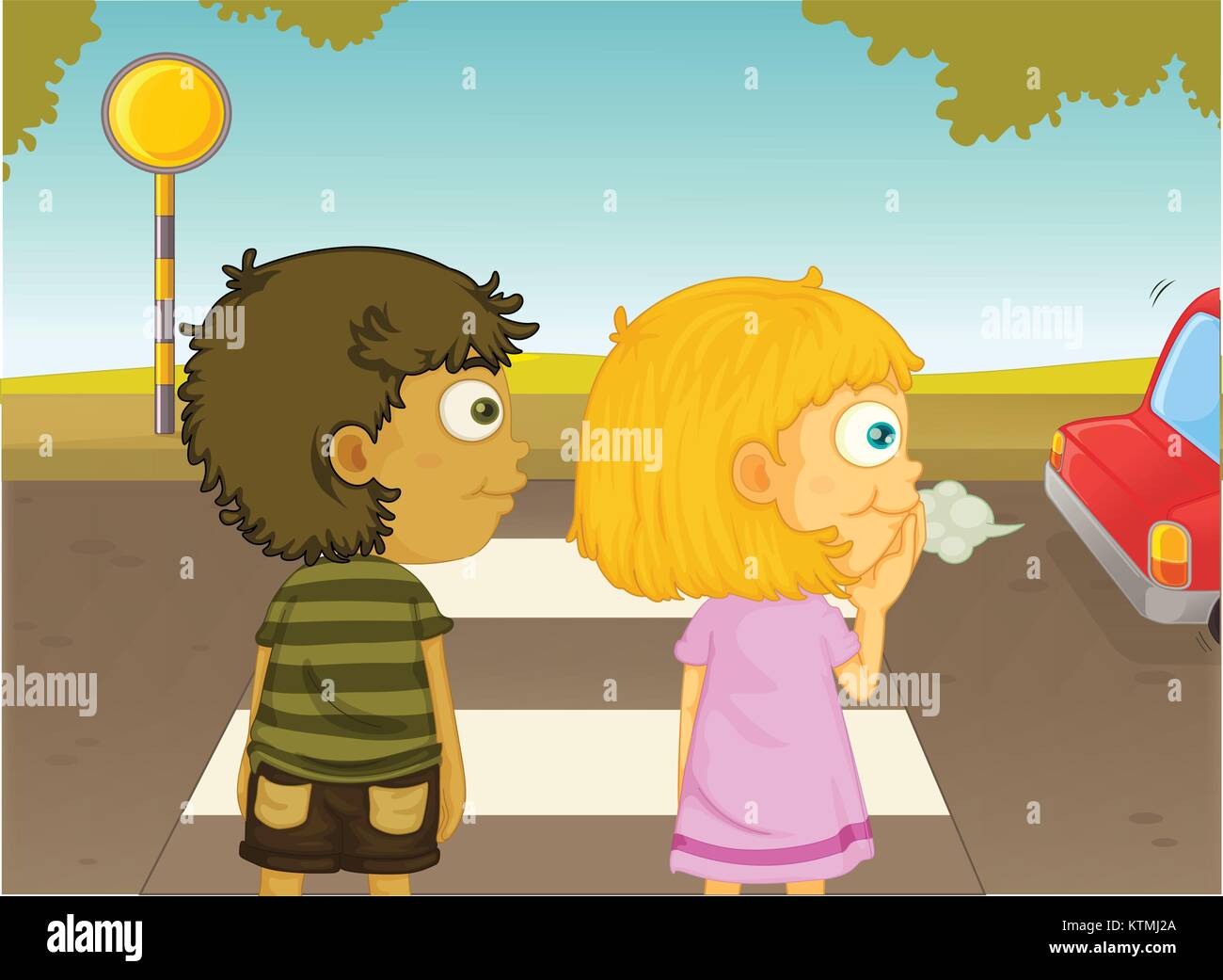 Illustration of boy and girl crossing the street Stock Vector