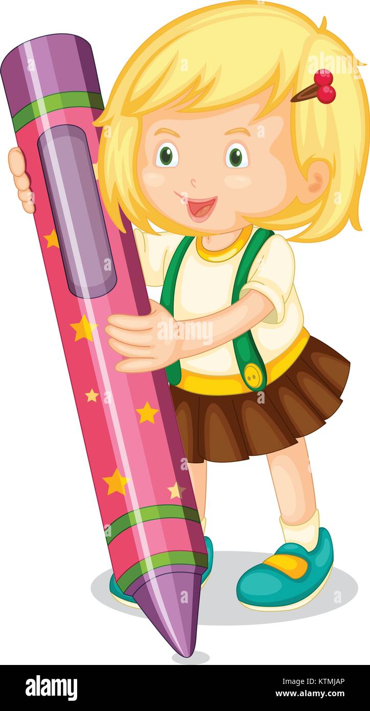 illustration of a girl holding pencil on a white Stock Vector Image ...