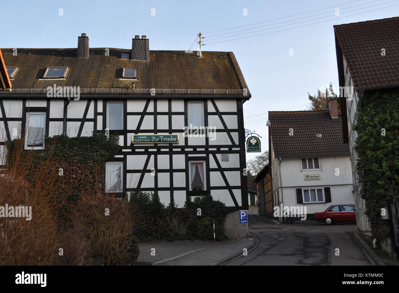 Gasthof zur Traube is a traditional inn located in Bermbach, Germany, known for its historical importance and role in local hospitality. The inn has served as a gathering place for travelers and locals alike. Stock Photo