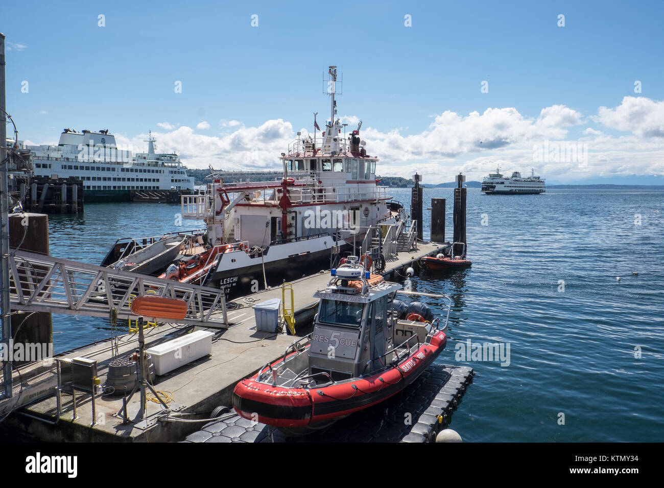 Fire and rescue boats moored on the waterfront in Seattle, Washington. Stock Photo
