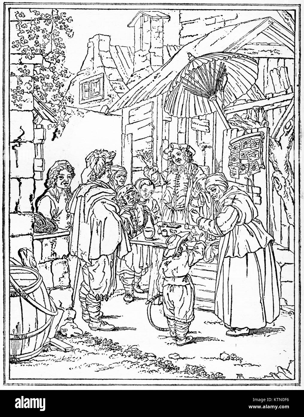 Engraving of a 17th century street scene, The Charlatan, from a painting by Franz von Mieris. From an original engraving in the Historian's History of the World, 1908 Stock Photo