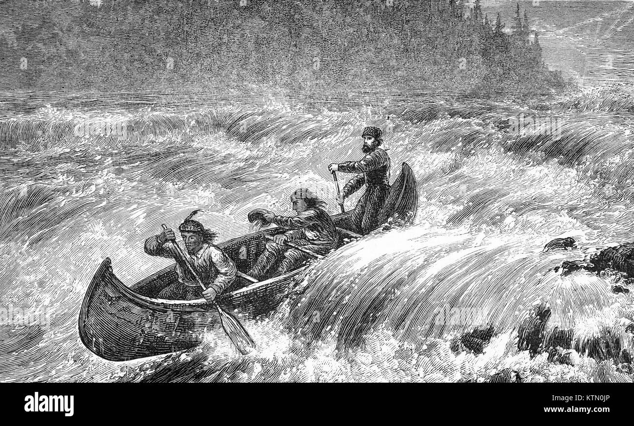 Engraving of three men in an Indian canoe braving the rapids somewhere on the American frontier. From an original engraving in Remarkable Adventures From Real Life, circa 1910 Stock Photo