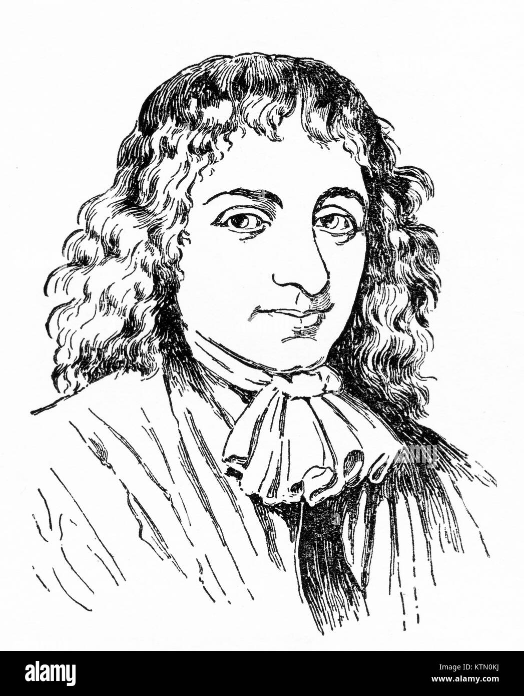 Engraving of Baruch Spinoza (1632-1677) a radical Jewish philosopher from Holland. From an original engraving in the Historian's History of the World, 1908 Stock Photo