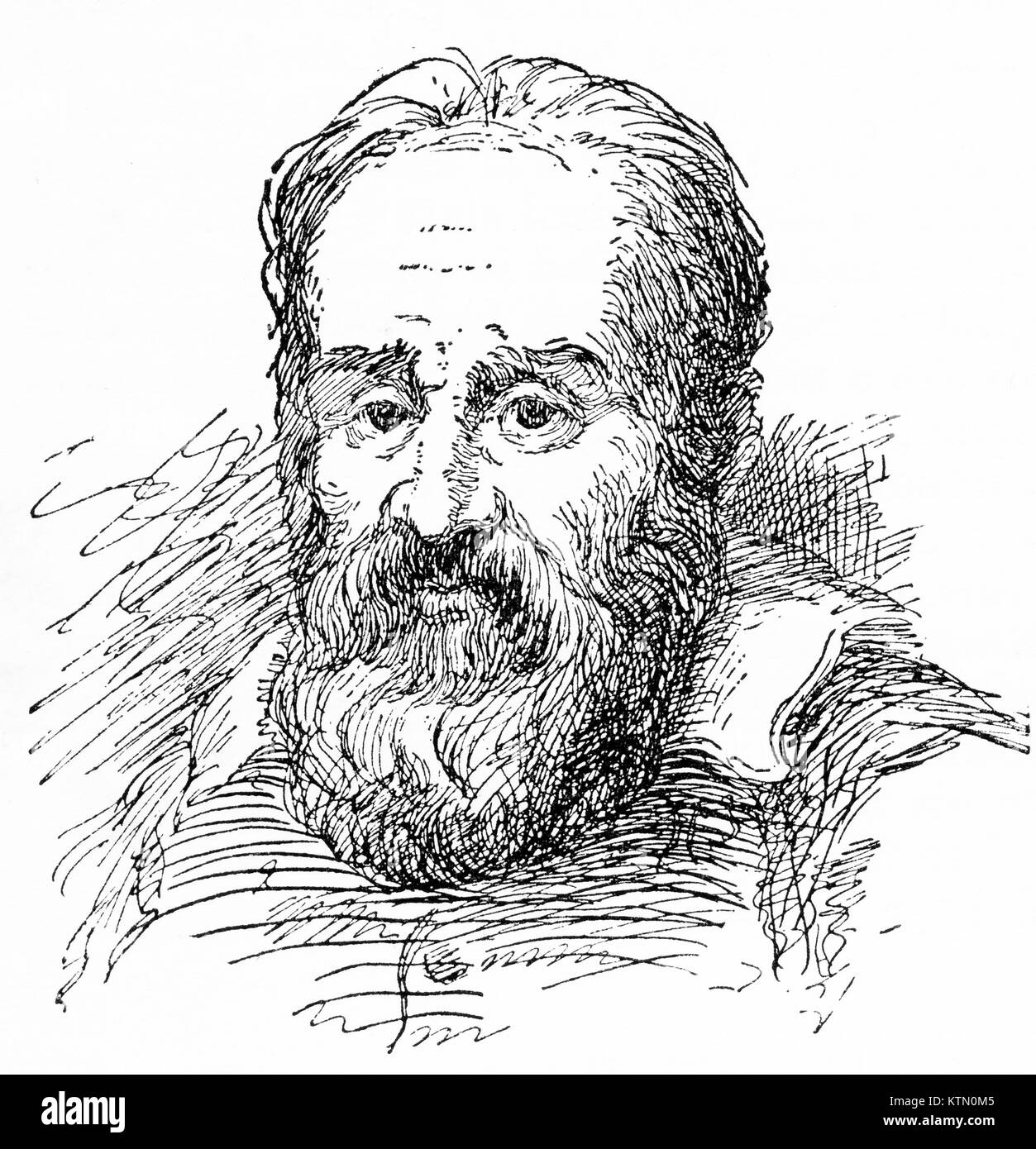 Engraving of Galileo Galilei (1564-1642), Italian astronomer and physicist. From an original engraving in the Historian's History of the World, 1908 Stock Photo